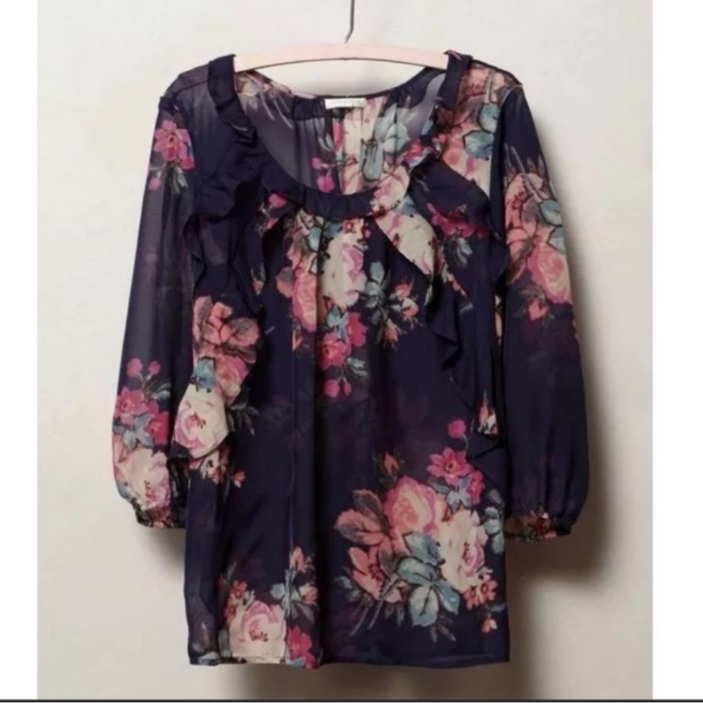 Anthropologie Leifsdottir Navy Sheer Floral Ruffle Blouse